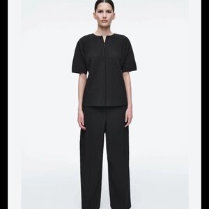 COS Plisse Black Pleated Ribbed Half Zip Blouse